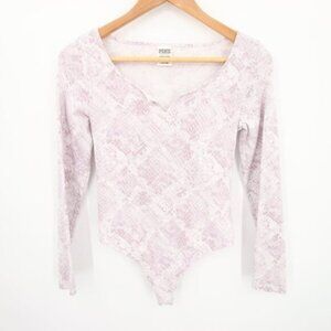 Pink Victoria's Secret Bodysuit Size XS Purple Snakeskin Pattern V Neck Long